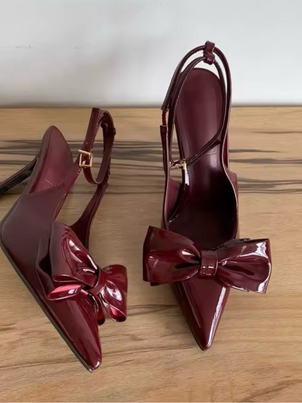 Patent Slingback Pointed Heels with Bow Accent - Burgundy